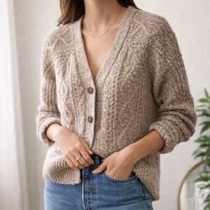Fat Face Chunky Cable Knit Cardigan – Neutral Beige – Size 8 (US) Cozy Classic